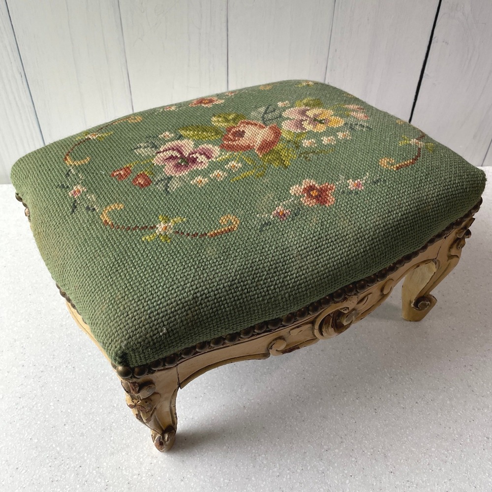 Vintage French Provincial Needlepoint Footstool Floral Carved Wood Ottoman Green